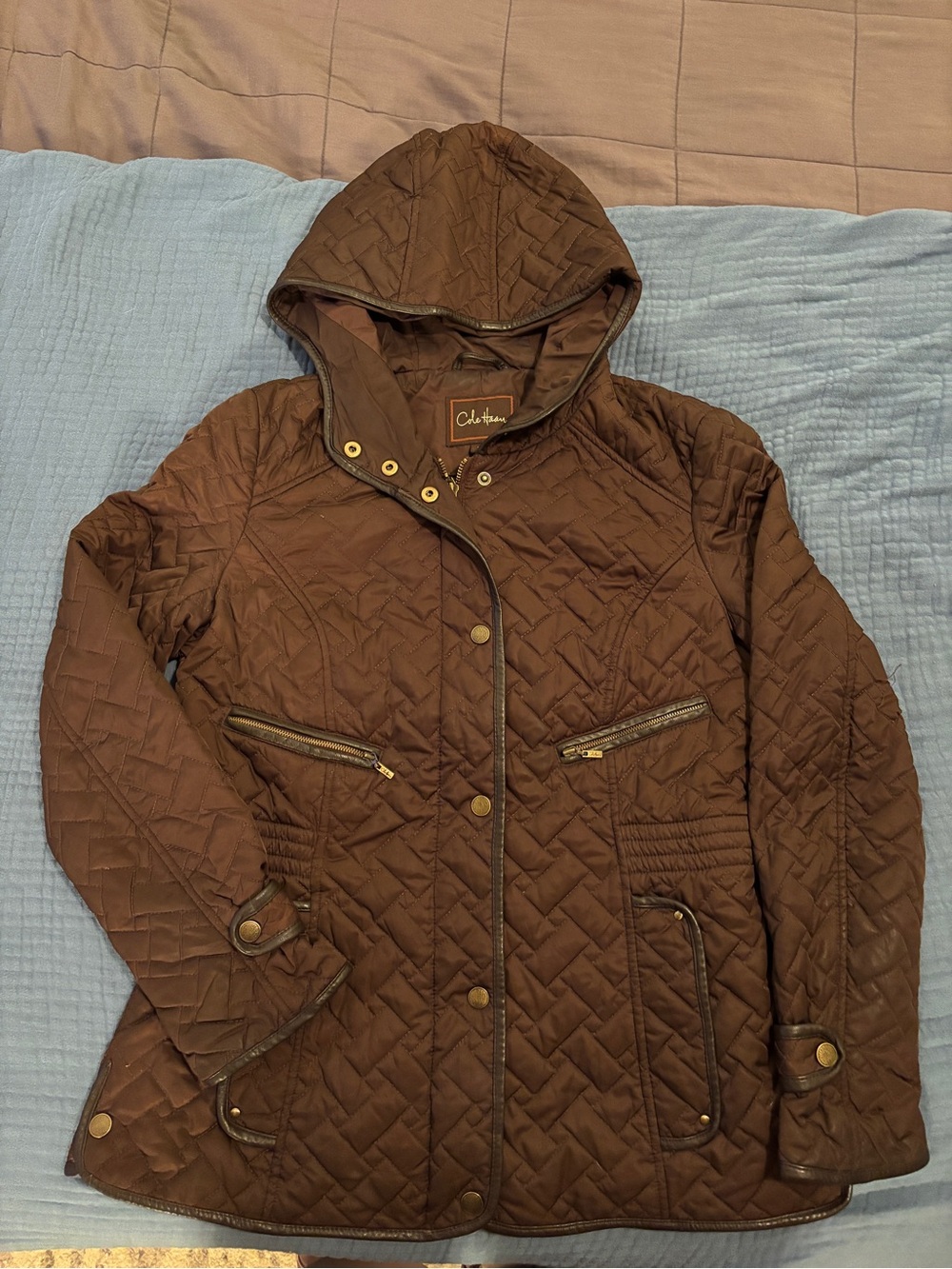 Cole Haan Quilted Hooded Jacket - Brown with Genuine Leather Trim